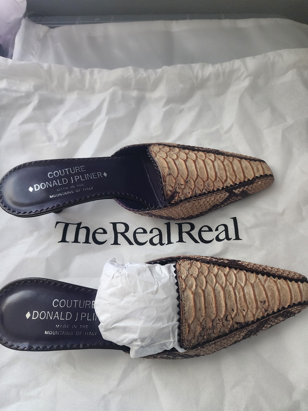 Donald J. Pliner Beige Snakeskin Mule Slides